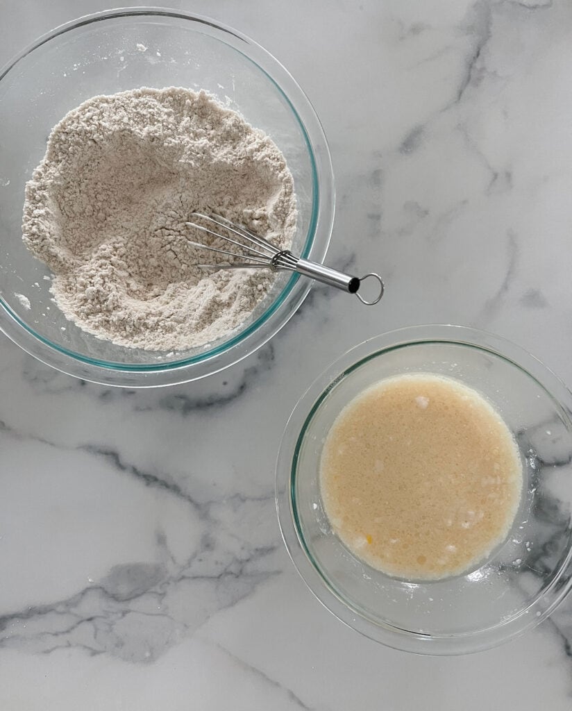 Wet and dry ingredients in seperate bowls. 