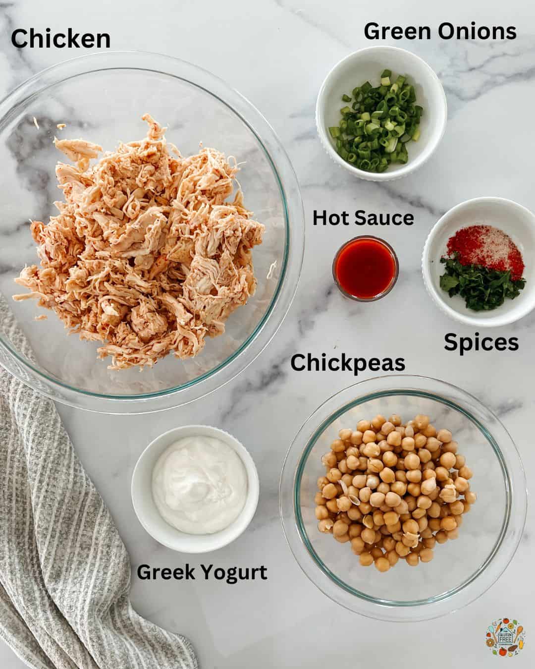 Ingredients for spicy chicken chickpea salad. 