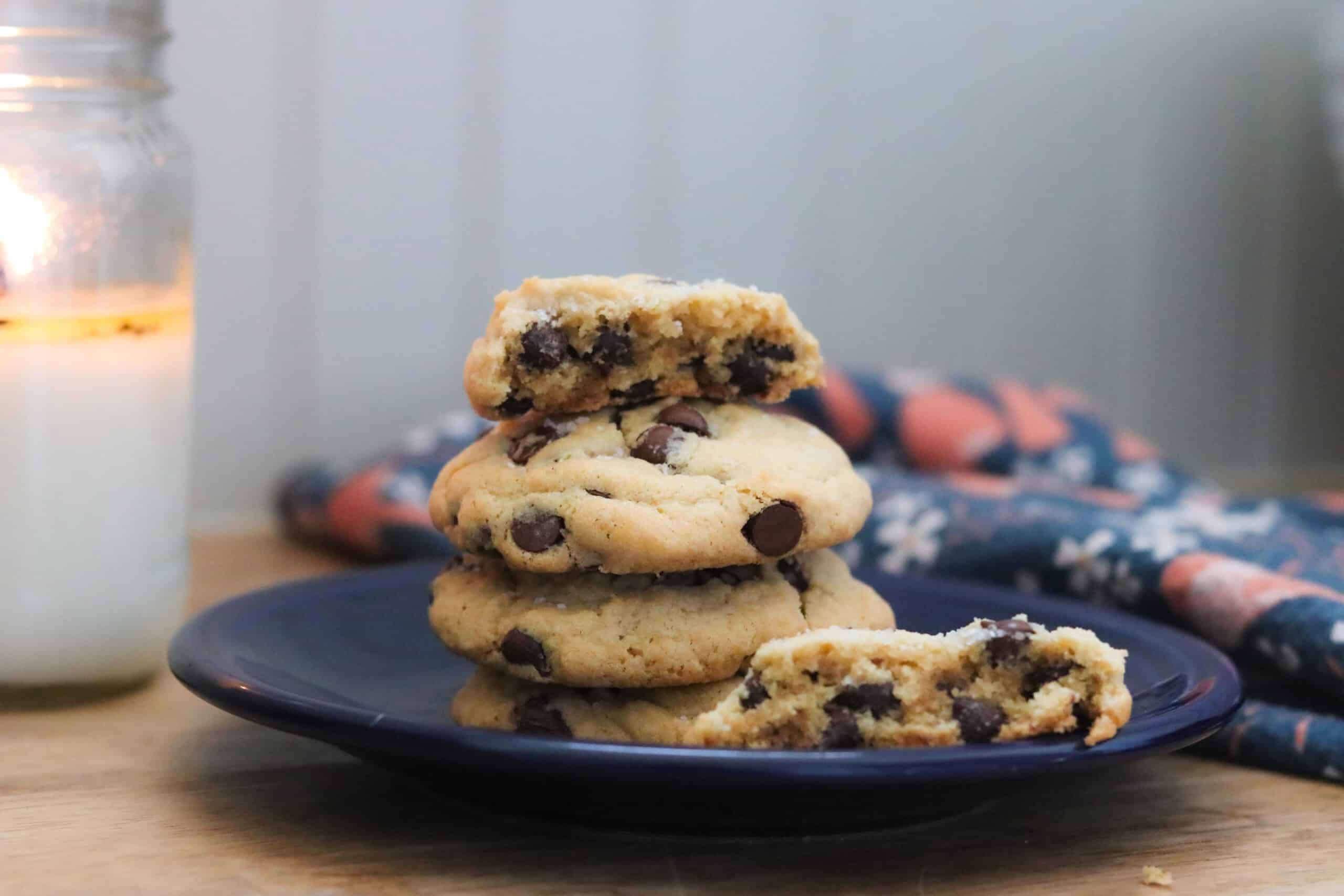 Chocolate chip cookies on a plate. 