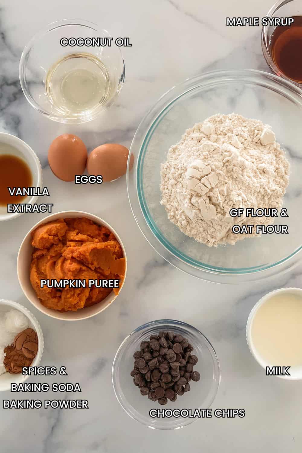 Gluten-free pumpkin chocolate chip muffin ingredients. 